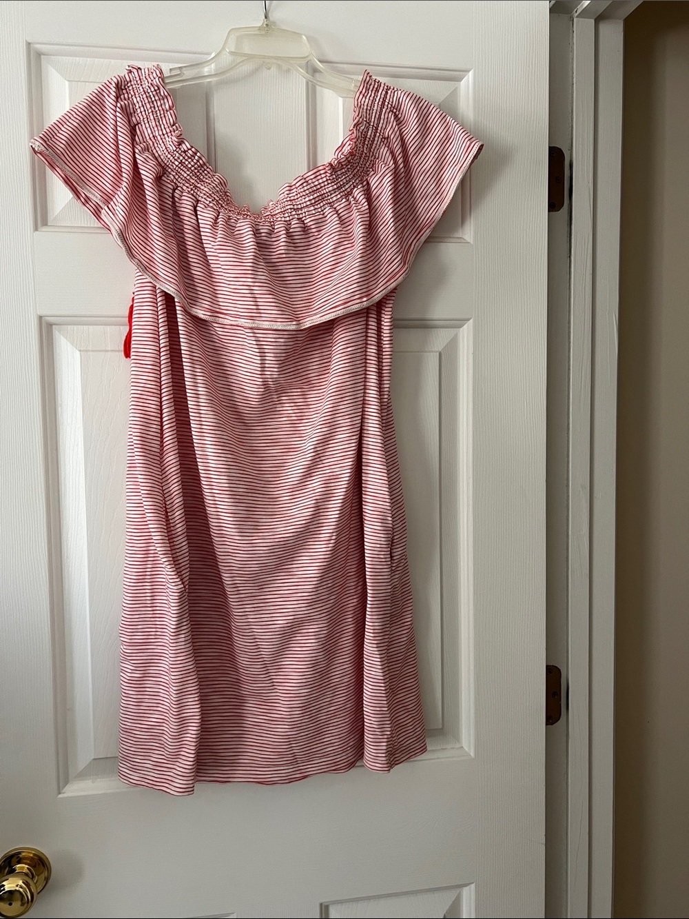 New York & Company Red and White Striped Off-Shoulder Dress
